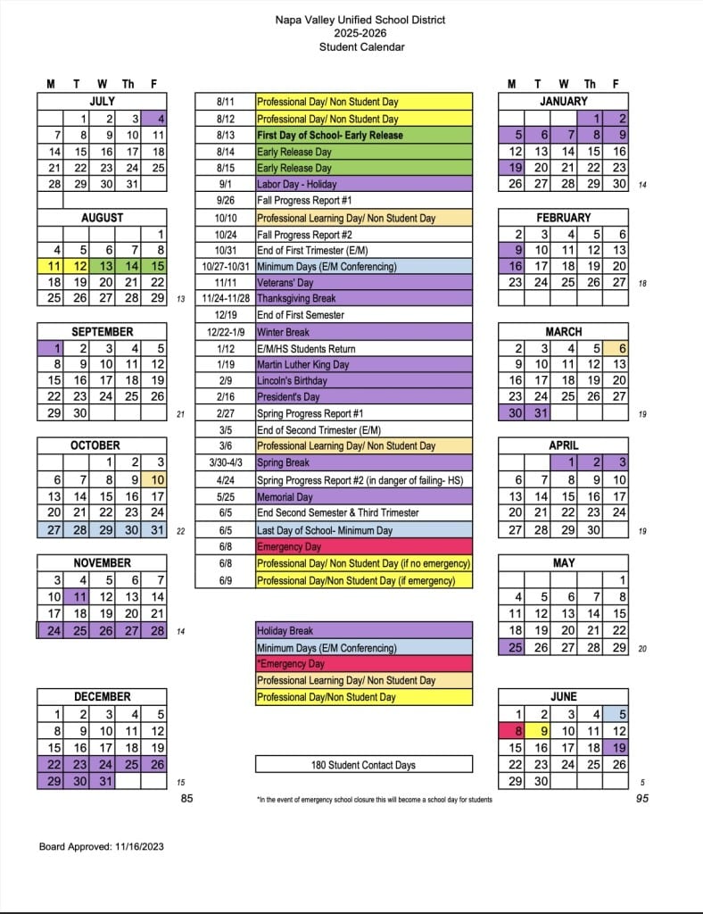 Napa Valley Unified School District 2025 - 2026 Academic Calendar. NVUSD image