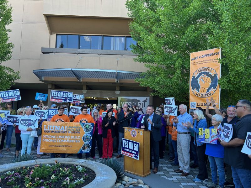 California Senate President Pro Tem Mike McGuire, D-Healdsburg, was among the speakers at a rally Monday in Napa to support Proposition 50, the redistricting measure on the Nov. 4 special election ballot. U.S. Rep. Mike Thompson, D-St. Helena, Napa County supervisors Belia Ramos and Joelle Gallagher, as well as union leaders, also addressed about 100 people gathered in front of Napa County's Administration Building. Kerana Todorov photo