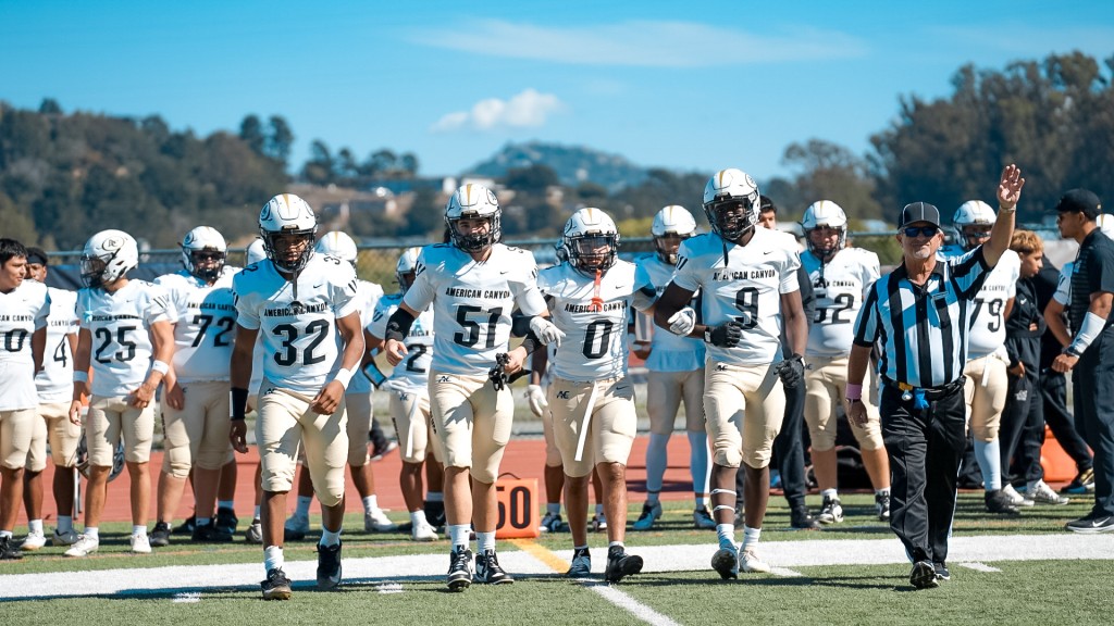 American Canyon High School football senior team captains, #32 Lorenzo Seymore, #51 Caden James, #0 Andre Lopez and #9 Evan Emmons. ShotssMedia @kshotss_ photo