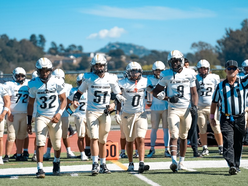 American Canyon High School football senior team captains, #32 Lorenzo Seymore, #51 Caden James, #0 Andre Lopez and #9 Evan Emmons. ShotssMedia @kshotss_ photo
