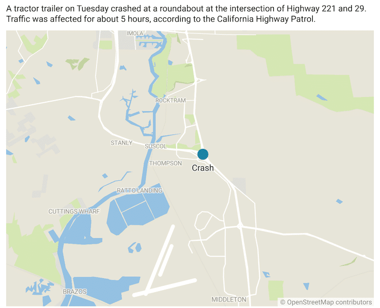 Map of where a big rig transporting vineyard metal material overturned on Highway 221 to southbound Highway 29