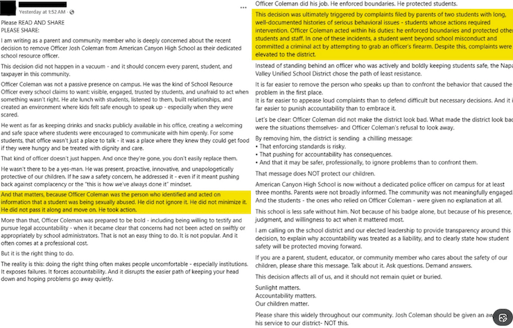 social media letter defending school resource officer