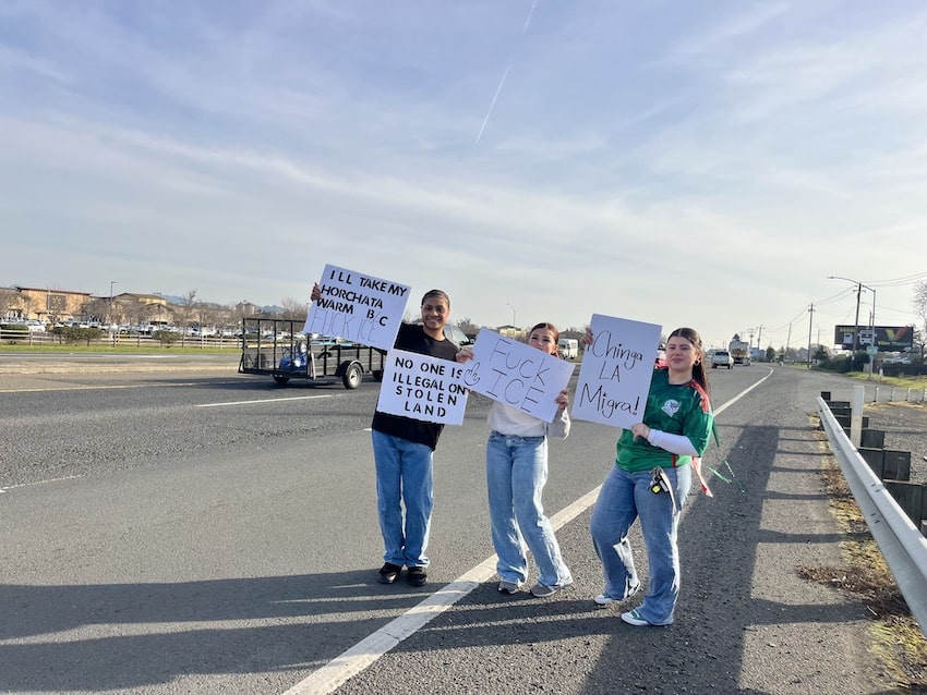 Three young people standing along a busy highway holding signs