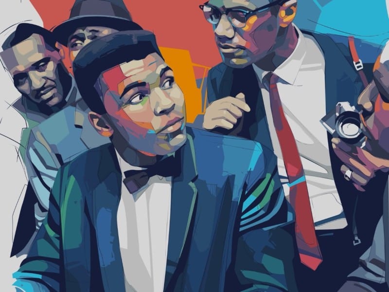 a group of men in a painting