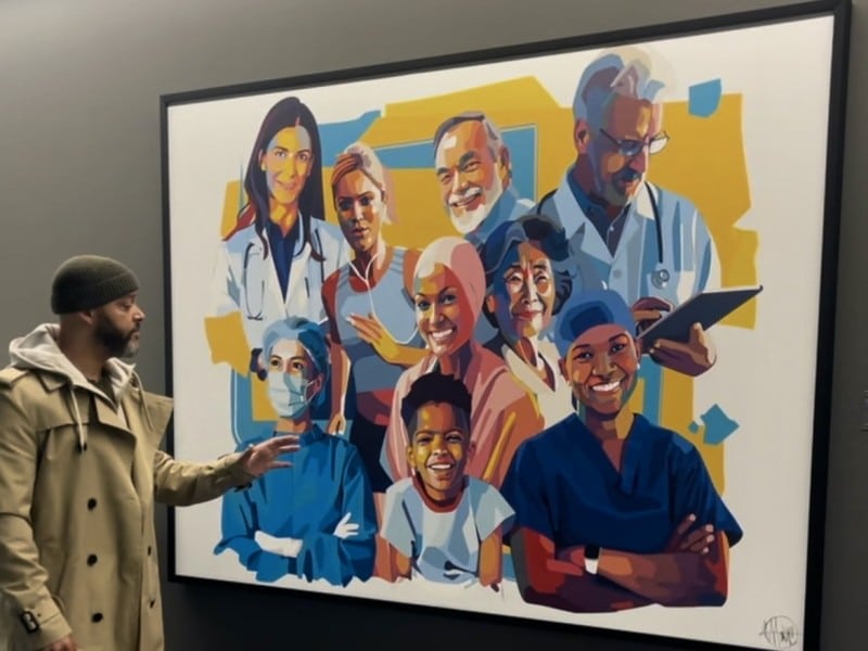 man stands with painting