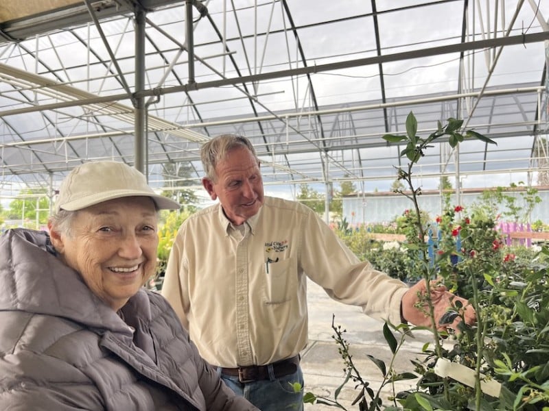 one woman and one man smiling and looking at plants
