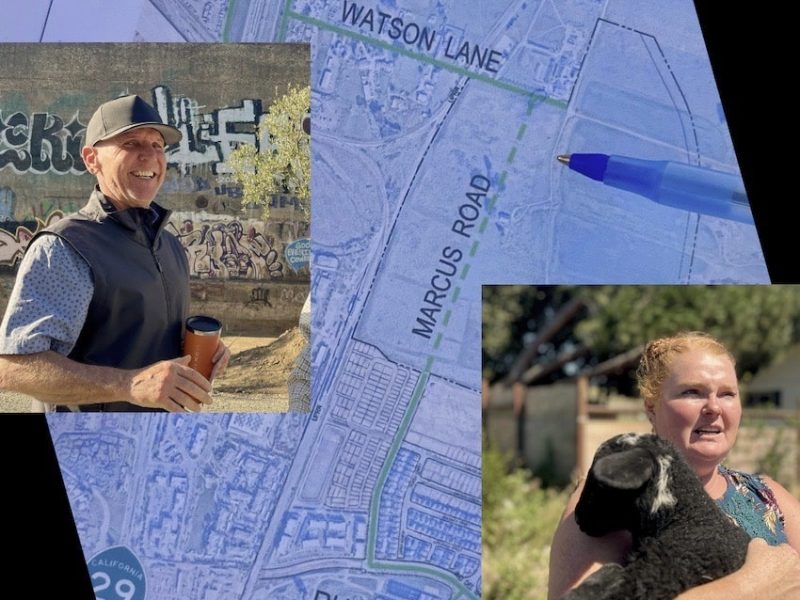 a photo of a man and a photo of a woman superimposed on opposite sides of a map of a highway in a city