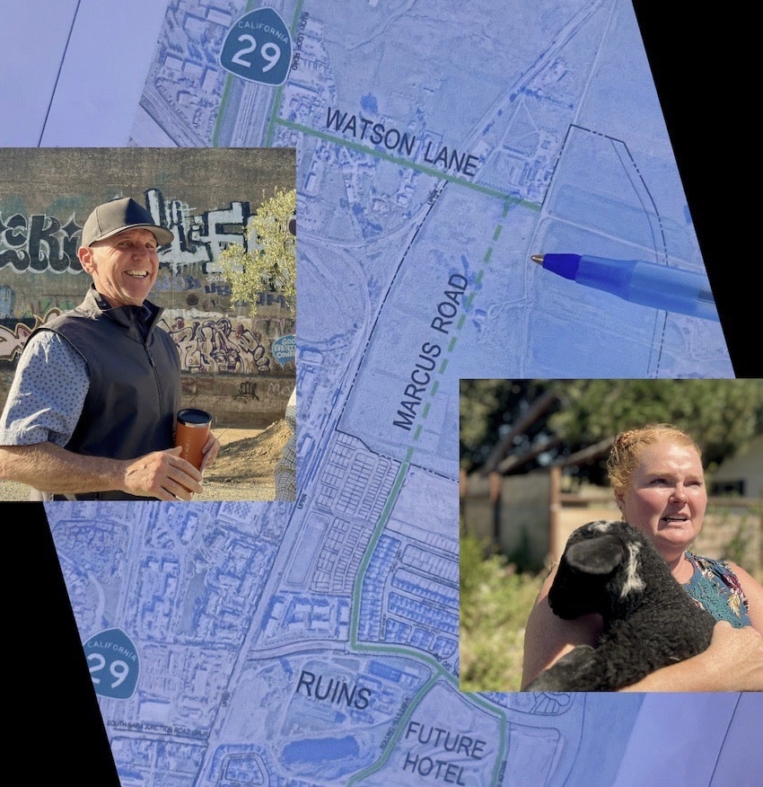 a photo of a man and a photo of a woman superimposed on opposite sides of a map of a highway in a city