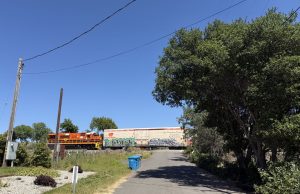 a train running through a rural area